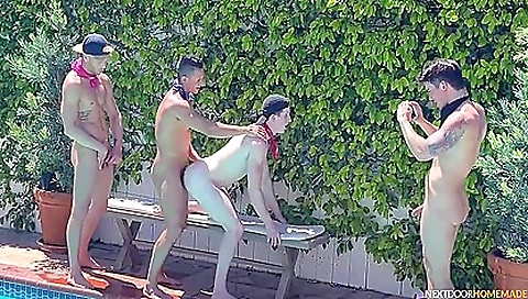 Outdoor threesome with group of hot tattooed women