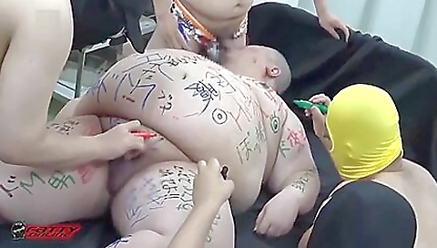 Big dick in front of a group of hardthroats with a big dick